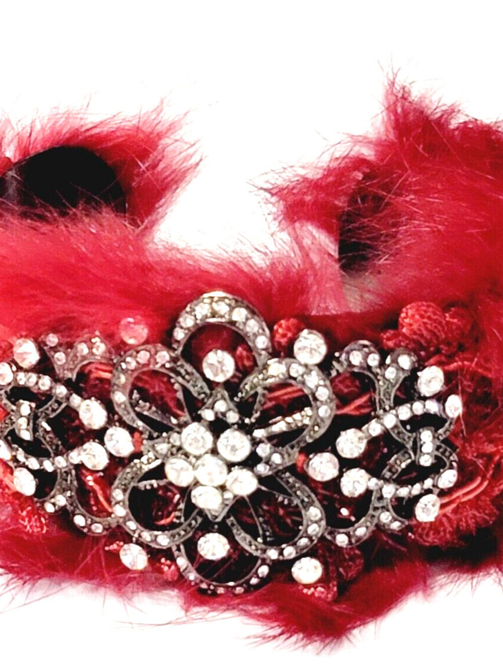 Faux Fur Red Cuff Bracelet Ornate Rhinestones Diva Statement Jewelry cfb